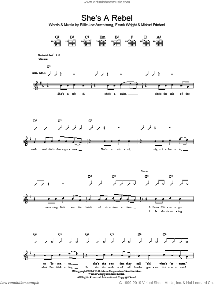 She's A Rebel sheet music for guitar (tablature) by Green Day, Billie Joe Armstrong, Frank Wright and Mike Pritchard, intermediate skill level