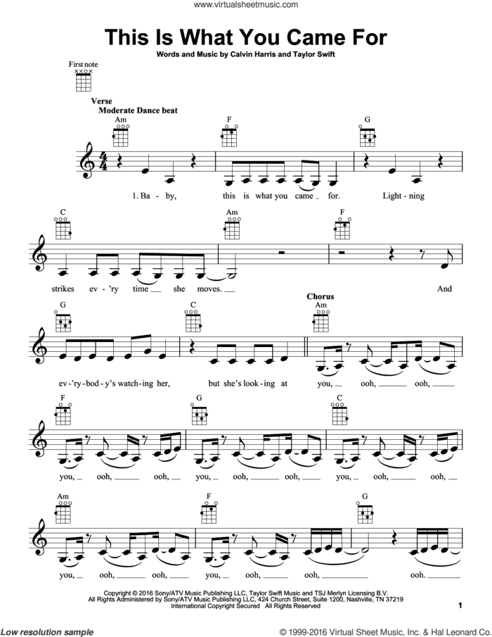 This Is What You Came For sheet music for ukulele by Calvin Harris feat. Rihanna, Calvin Harris and Talor Swift, intermediate skill level