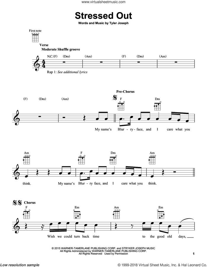 Stressed Out sheet music for ukulele by Twenty One Pilots and Tyler Joseph, intermediate skill level