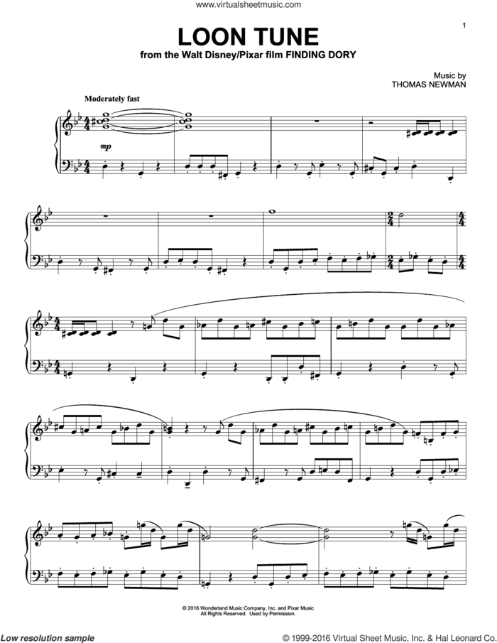 Loon Tune (from Finding Dory), (intermediate) sheet music for piano solo by Thomas Newman, intermediate skill level