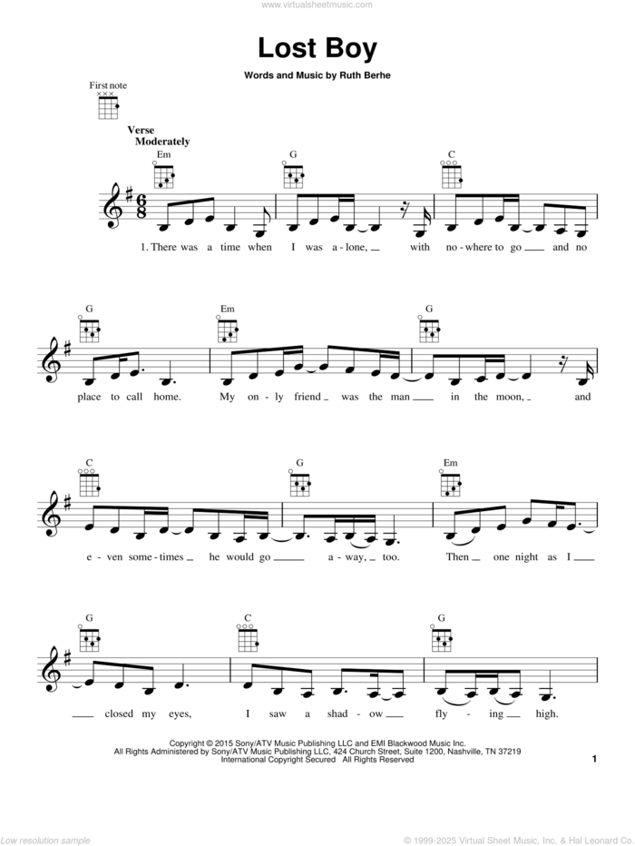 Lost Boy sheet music for ukulele by Ruth B and Ruth Berhe, intermediate skill level