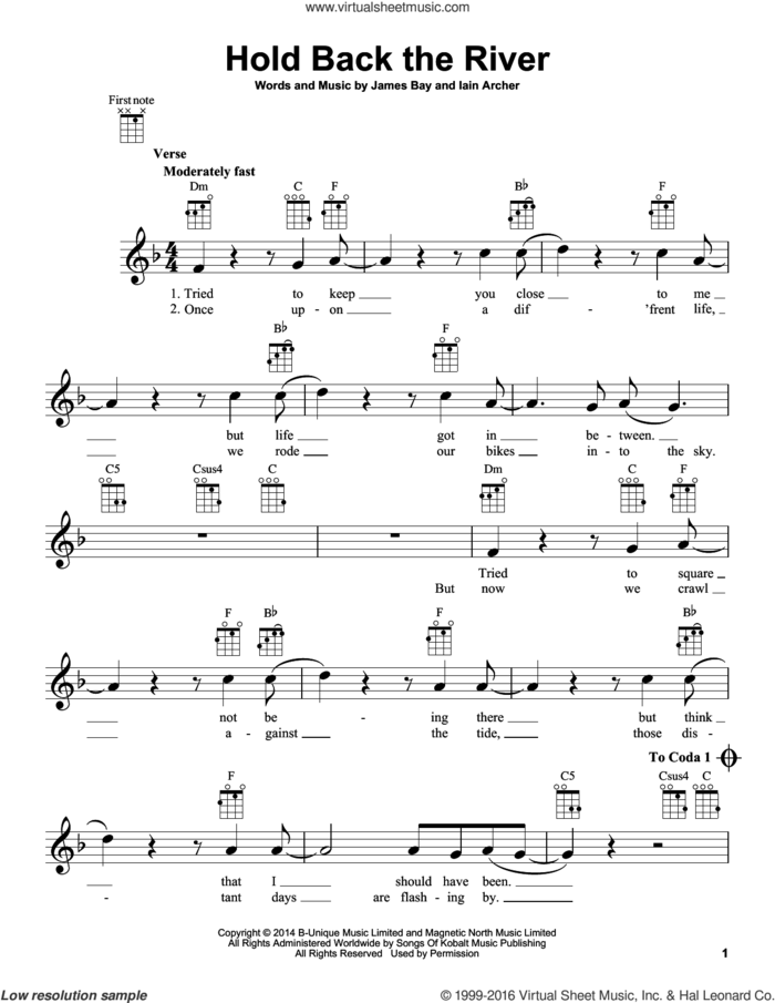 Hold Back The River sheet music for ukulele by James Bay and Iain Archer, intermediate skill level