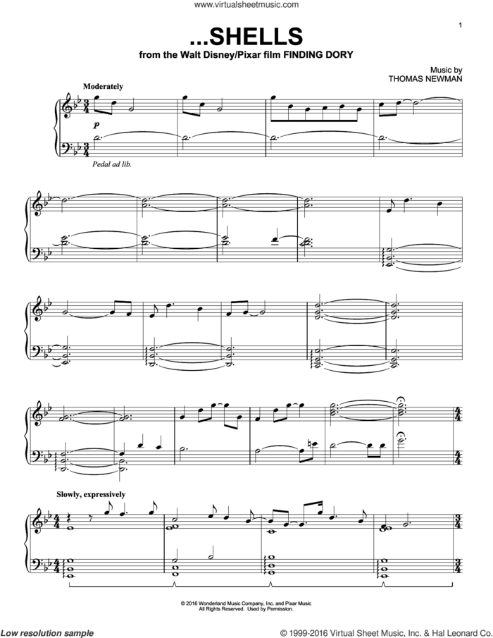 ...Shells (from Finding Dory), (intermediate) sheet music for piano solo by Thomas Newman, intermediate skill level