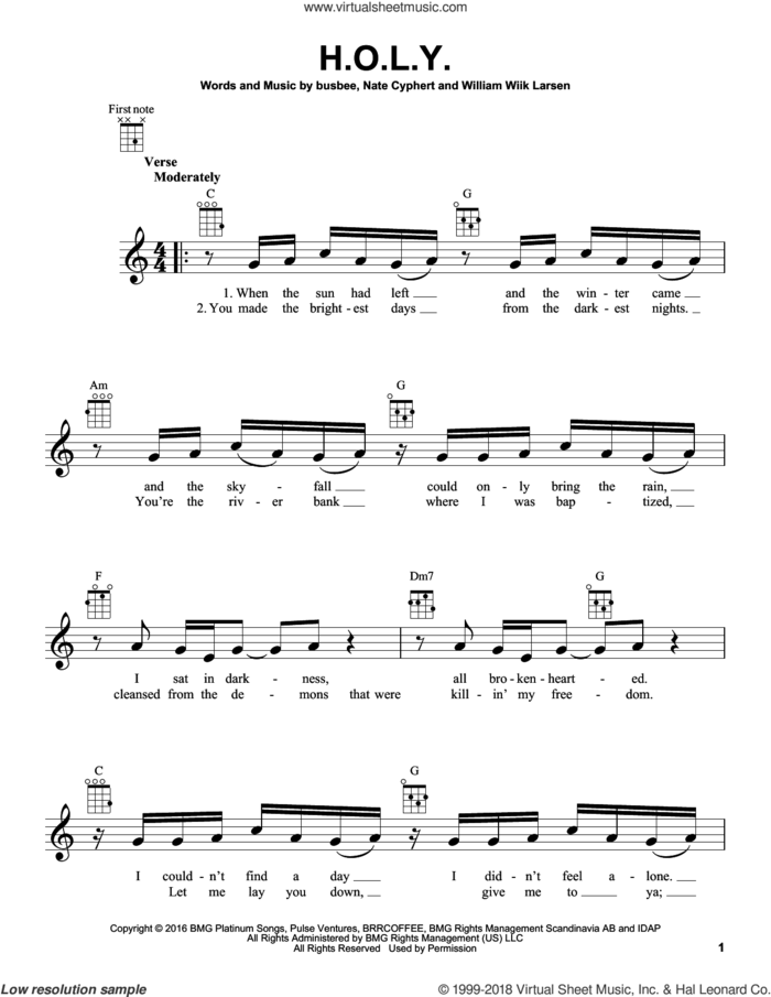 H.O.L.Y. sheet music for ukulele by Florida Georgia Line, busbee, Nate Cyphert and William Wiik Larsen, intermediate skill level