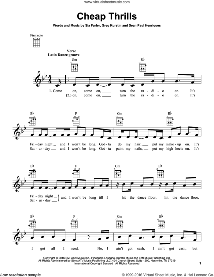 Cheap Thrills sheet music for ukulele by Sia feat. Sean Paul, Greg Kurstin, Sean Paul Henriques and Sia Furler, intermediate skill level