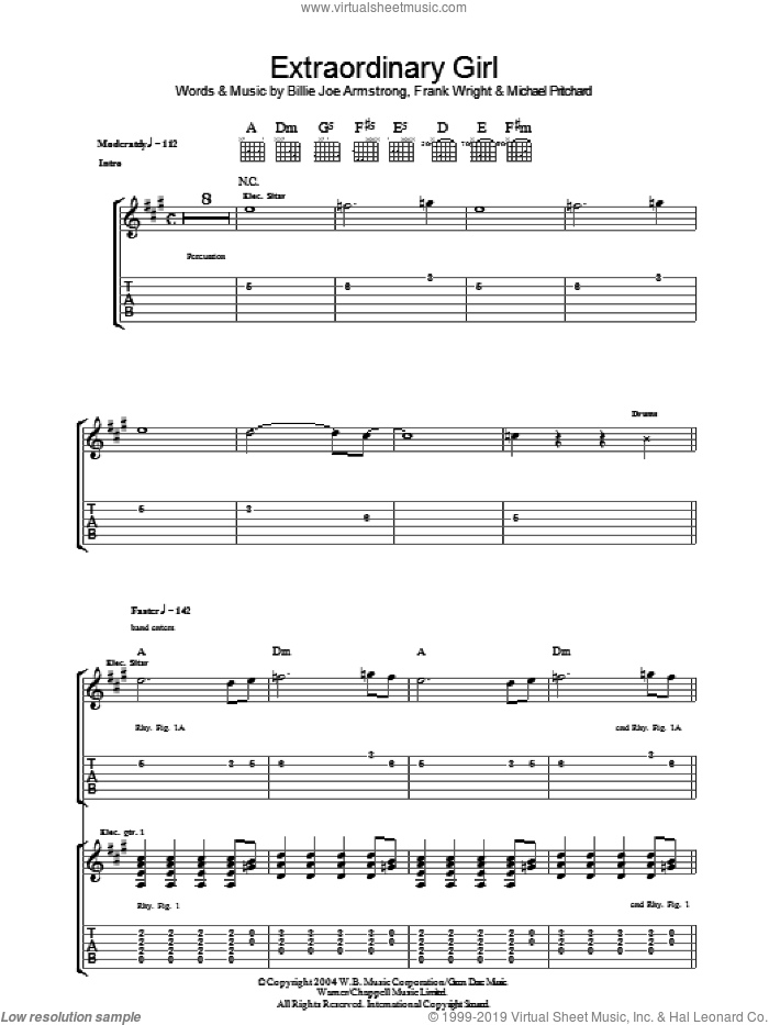 Extraordinary Girl sheet music for guitar (tablature) by Green Day, Billie Joe Armstrong, Frank Wright and Mike Pritchard, intermediate skill level