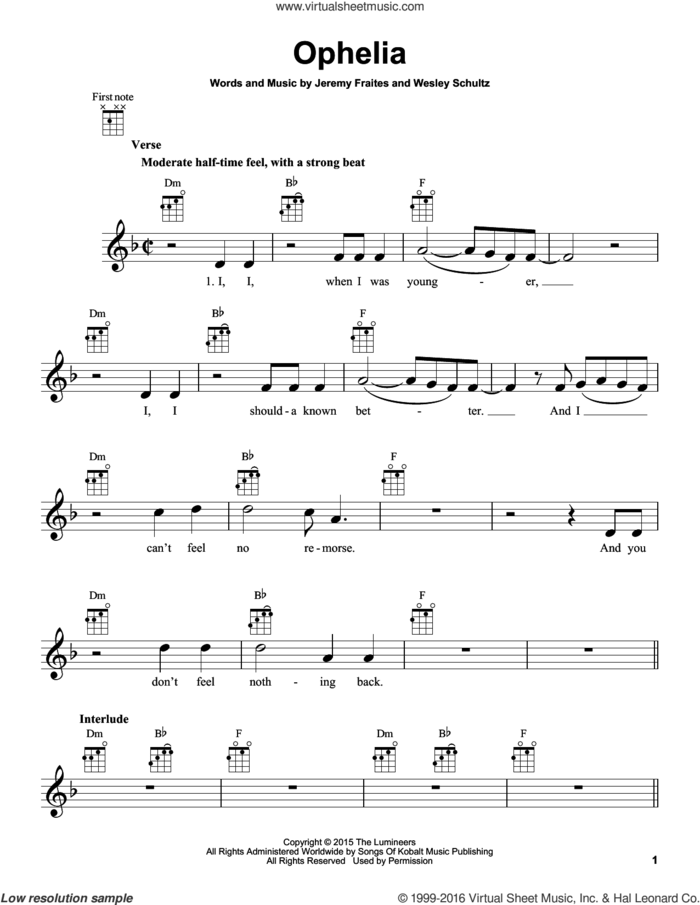 Ophelia sheet music for ukulele by The Lumineers, Jeremy Fraites and Wesley Schultz, intermediate skill level