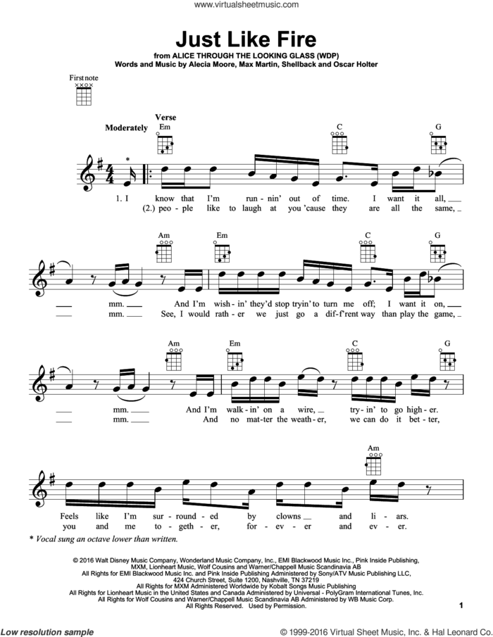 Just Like Fire sheet music for ukulele by Max Martin, Miscellaneous, Alecia Moore, Johan Schuster, Oscar Holter and Shellback, intermediate skill level