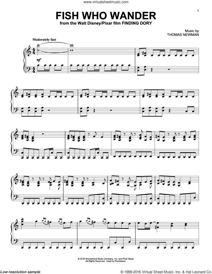 Fish Who Wander (from Finding Dory), (intermediate) sheet music for piano solo by Thomas Newman, intermediate skill level