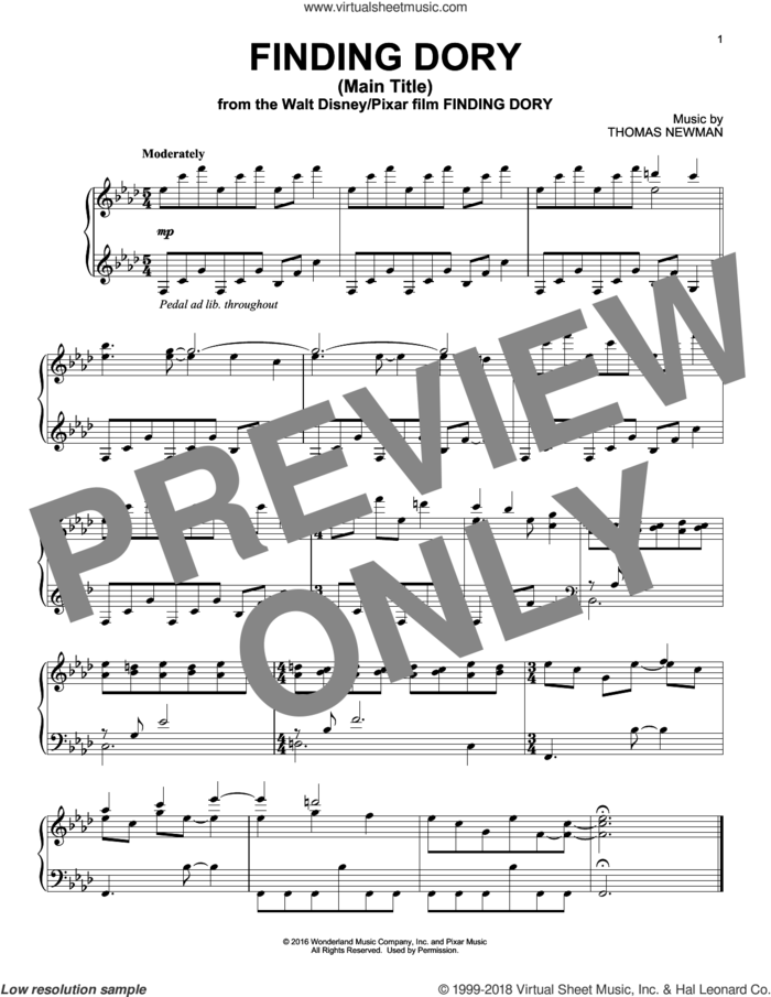 Finding Dory (Main Title), (intermediate) sheet music for piano solo by Thomas Newman, intermediate skill level