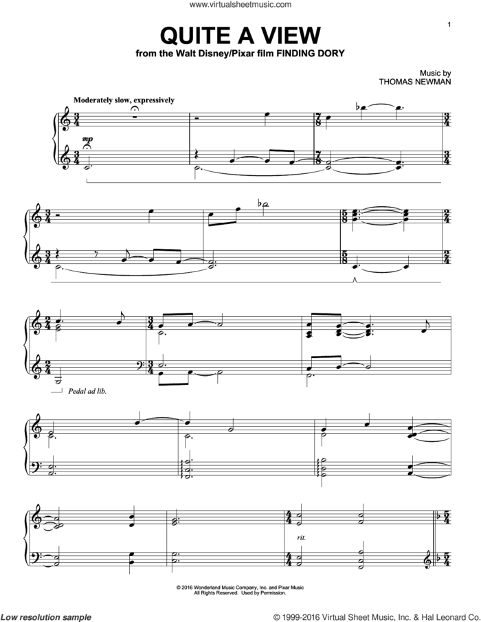 Quite A View (from Finding Dory) sheet music for piano solo by Thomas Newman, intermediate skill level