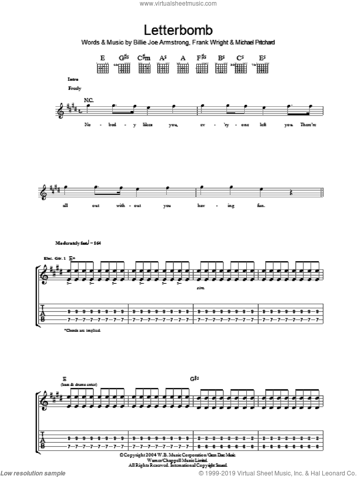 Letterbomb sheet music for guitar (tablature) by Green Day, Billie Joe Armstrong, Frank Wright and Mike Pritchard, intermediate skill level