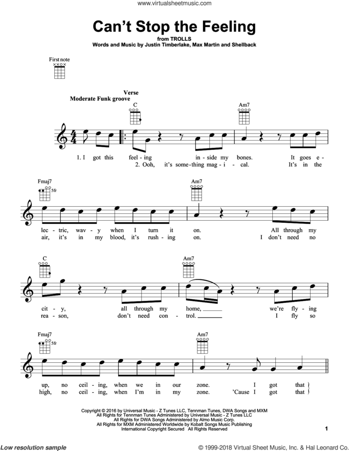 Can't Stop The Feeling sheet music for ukulele by Justin Timberlake, Johan Schuster, Max Martin and Shellback, intermediate skill level