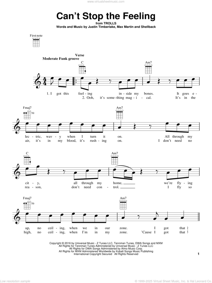 Can't Stop The Feeling sheet music for ukulele by Justin Timberlake, Johan Schuster, Max Martin and Shellback, intermediate skill level