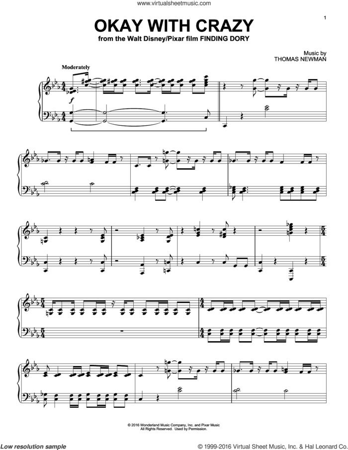 Okay With Crazy (from Finding Dory) sheet music for piano solo by Thomas Newman, intermediate skill level