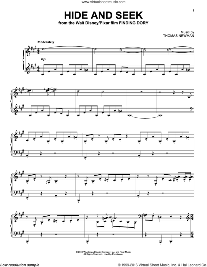Hide And Seek (from Finding Dory) sheet music for piano solo by Thomas Newman, intermediate skill level