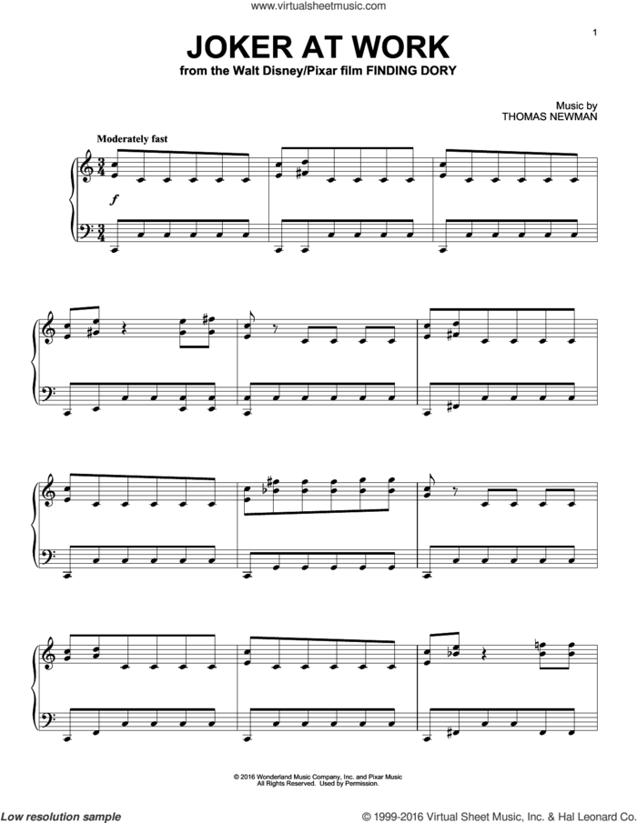 Joker At Work (from Finding Dory) sheet music for piano solo by Thomas Newman, intermediate skill level