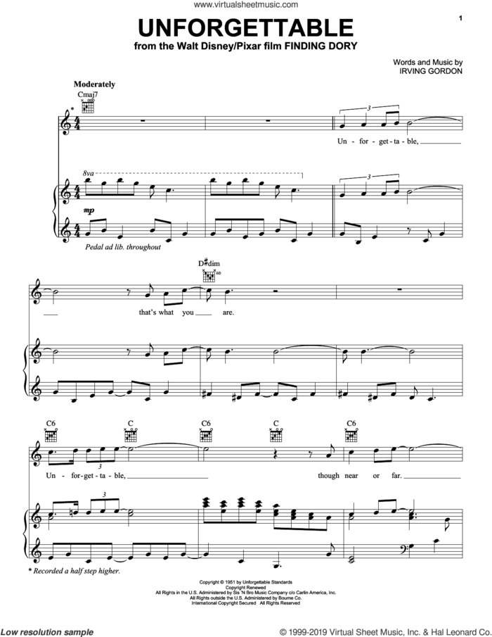 Unforgettable sheet music for voice, piano or guitar by Irving Gordon, Dinah Washington, Natalie Cole and Thomas Newman, intermediate skill level