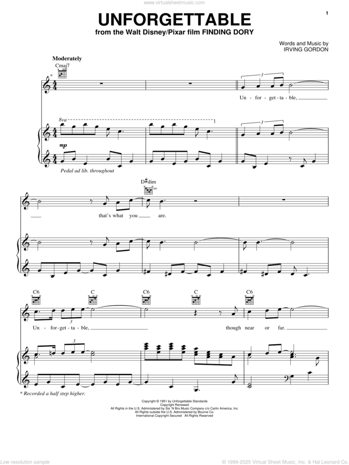 Unforgettable sheet music for voice, piano or guitar by Irving Gordon, Dinah Washington, Natalie Cole and Thomas Newman, intermediate skill level