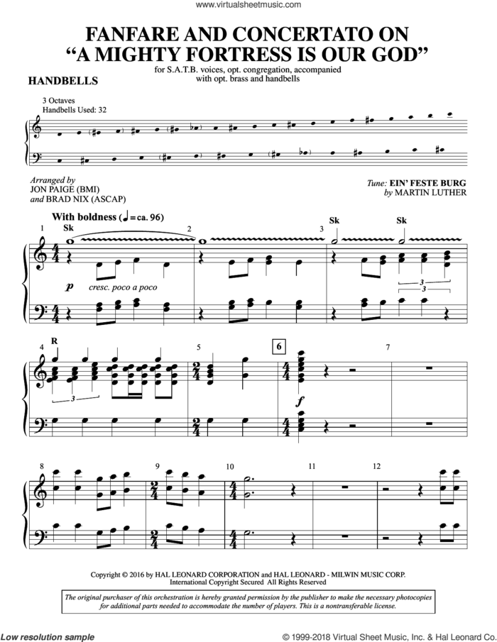 Fanfare and Concertato on A Mighty Fortress Is Our God sheet music for orchestra/band (handbells) by Martin Luther, Brad Nix, Jon Paige, Frederick H. Hedge and Miscellaneous, intermediate skill level