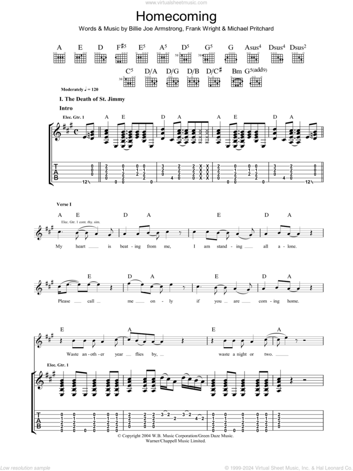 Homecoming sheet music for guitar (tablature) by Green Day, Billie Joe Armstrong, Frank Wright and Mike Pritchard, intermediate skill level