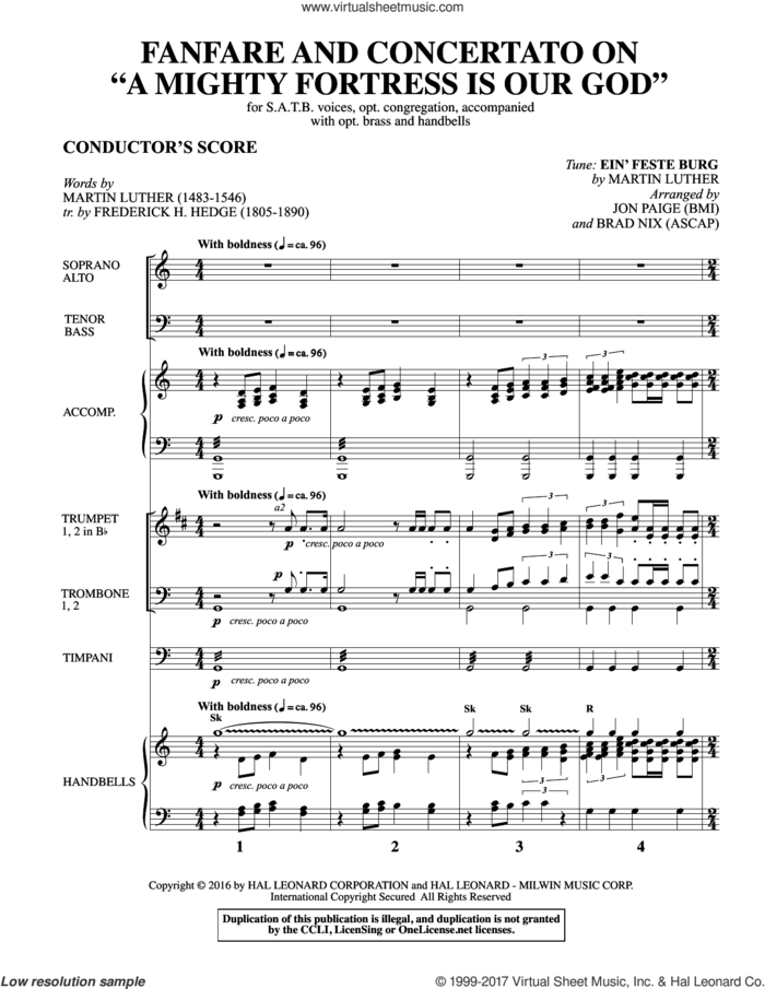 Fanfare and Concertato on A Mighty Fortress Is Our God (COMPLETE) sheet music for orchestra/band by Brad Nix, Frederick H. Hedge, Jon Paige, Martin Luther and Miscellaneous, intermediate skill level