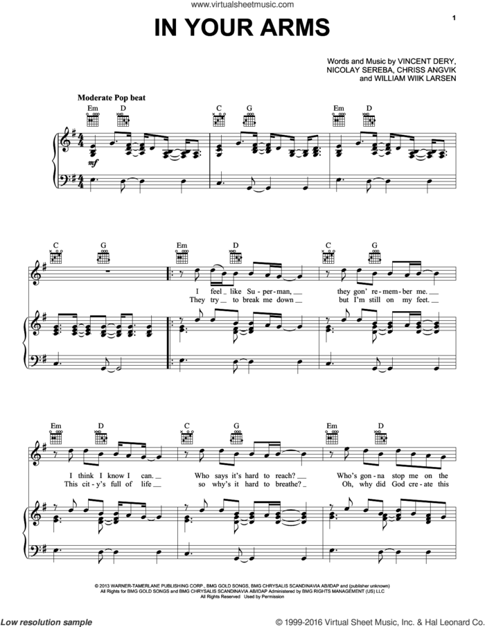In Your Arms sheet music for voice, piano or guitar by Nico & Vinz, Envy, Chriss Angvik, Nicolay Sereba, Vincent Dery and William Wiik Larsen, intermediate skill level