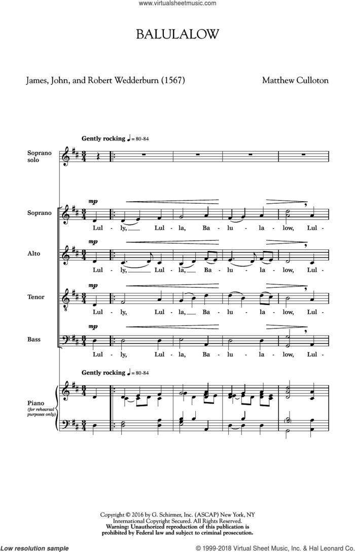 Balulalow sheet music for choir (SATB: soprano, alto, tenor, bass) by Matthew Culloton, James Wedderburn, John Wedderburn and Robert Wedderburn, classical score, intermediate skill level