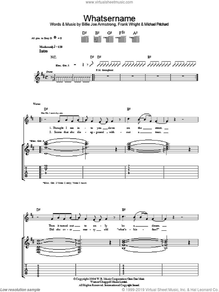 Whatsername sheet music for guitar (tablature) by Green Day, Billie Joe Armstrong, Frank Wright and Mike Pritchard, intermediate skill level