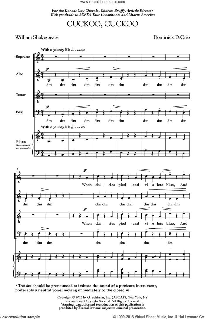 Cuckoo Cuckoo sheet music for choir (SATB: soprano, alto, tenor, bass) by Dominick DiOrio and William Shakespeare, intermediate skill level