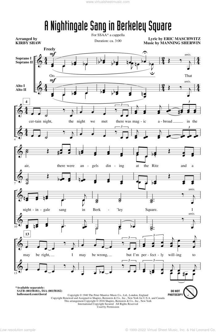 A Nightingale Sang In Berkeley Square sheet music for choir (SSAA: soprano, alto) by Manning Sherwin, Kirby Shaw, Manhattan Transfer and Eric Maschwitz, intermediate skill level