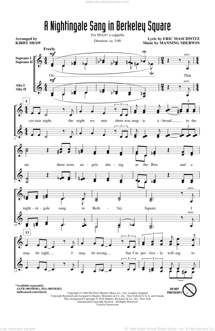 A Nightingale Sang In Berkeley Square sheet music for choir (SSAA: soprano, alto) by Manning Sherwin, Kirby Shaw, Manhattan Transfer and Eric Maschwitz, intermediate skill level