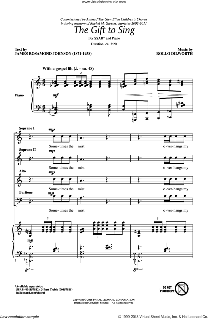 The Gift To Sing sheet music for choir (SATB: soprano, alto, tenor, bass) by Rollo Dilworth, James Rosamond Johnson and James Weldon Johnson, intermediate skill level