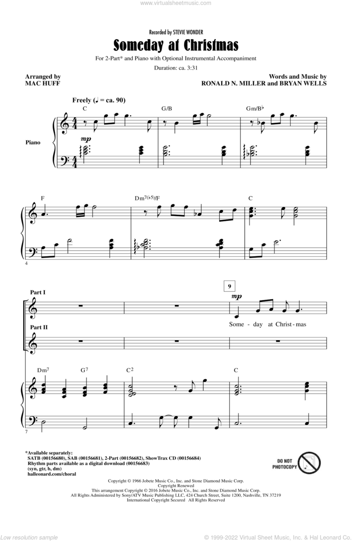 Someday At Christmas (arr. Mac Huff) sheet music for choir (2-Part) by Bryan Wells, Mac Huff, Stevie Wonder and Ronald N. Miller, intermediate duet