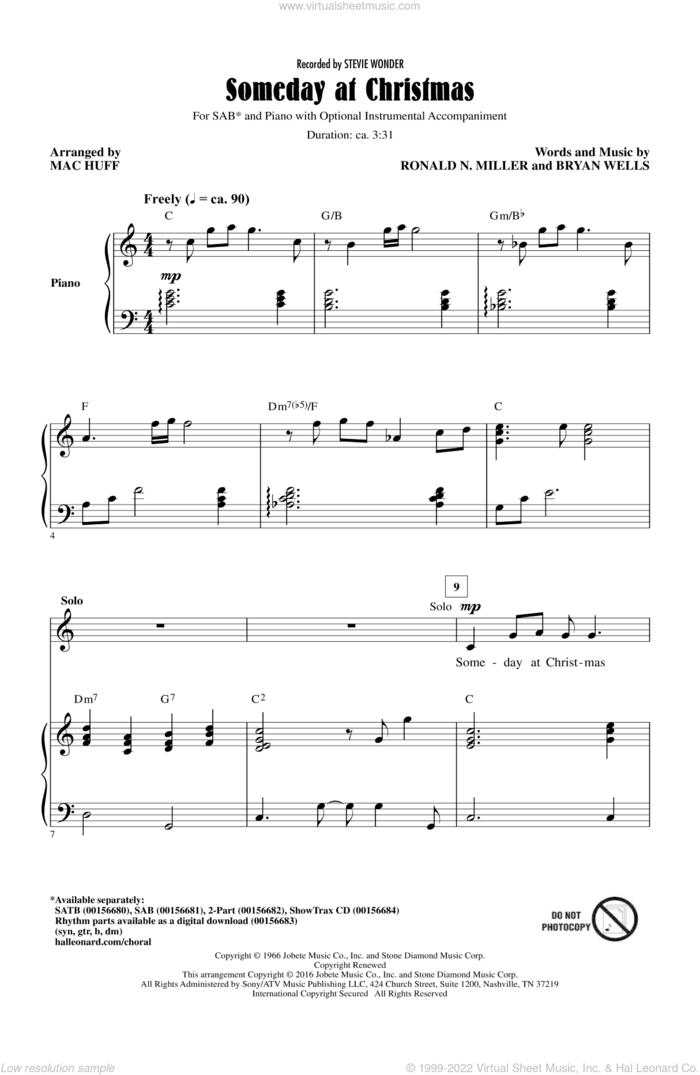 Someday At Christmas (arr. Mac Huff) sheet music for choir (SAB: soprano, alto, bass) by Bryan Wells, Mac Huff, Stevie Wonder and Ronald N. Miller, intermediate skill level