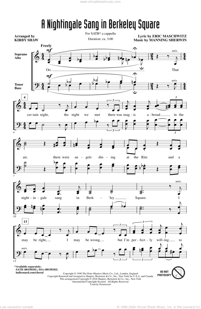 A Nightingale Sang In Berkeley Square sheet music for choir (SATB: soprano, alto, tenor, bass) by Manning Sherwin, Kirby Shaw, Manhattan Transfer and Eric Maschwitz, intermediate skill level