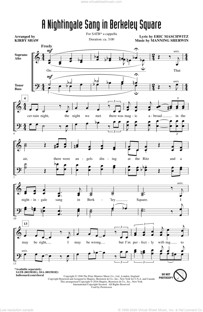 A Nightingale Sang In Berkeley Square sheet music for choir (SATB: soprano, alto, tenor, bass) by Manning Sherwin, Kirby Shaw, Manhattan Transfer and Eric Maschwitz, intermediate skill level