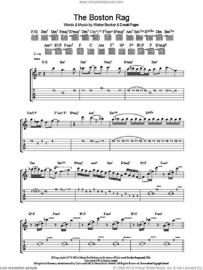 The Boston Rag sheet music for guitar (tablature) by Steely Dan, Donald Fagen and Walter Becker, intermediate skill level