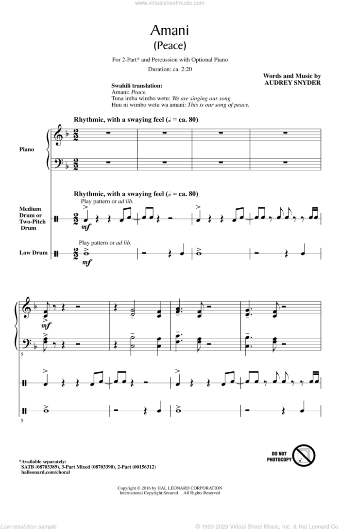 Amani (Peace) sheet music for choir (2-Part) by Audrey Snyder, intermediate duet