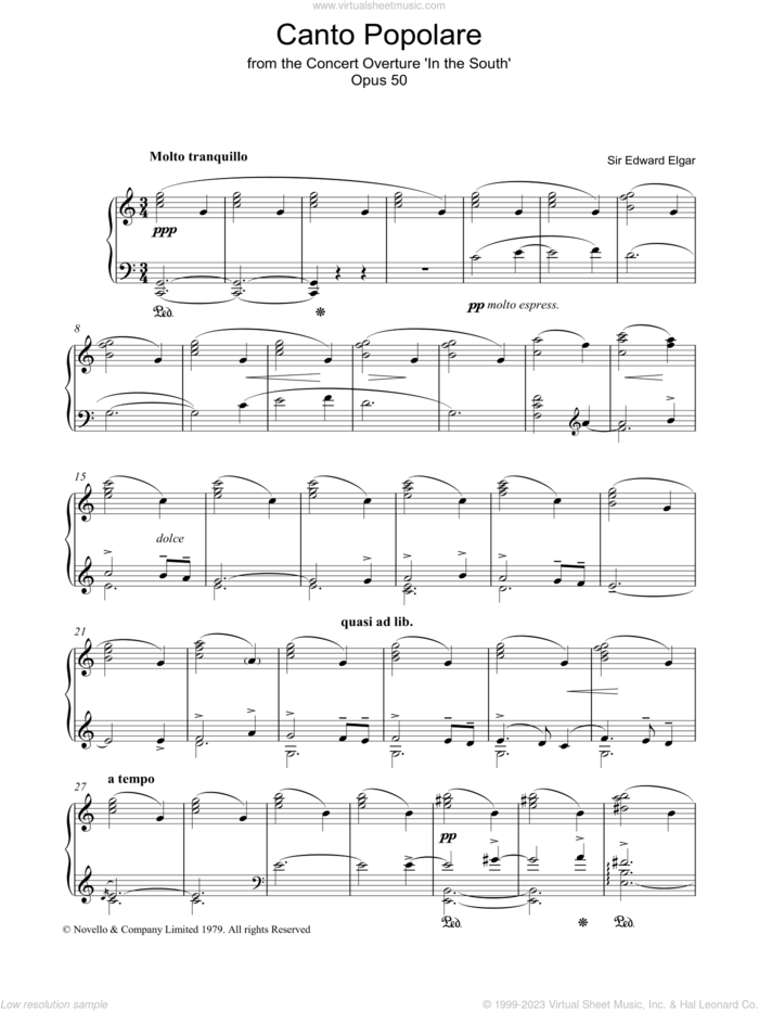 Canto Popolare (from In The South, Op.50) sheet music for piano solo by Edward Elgar, classical score, intermediate skill level