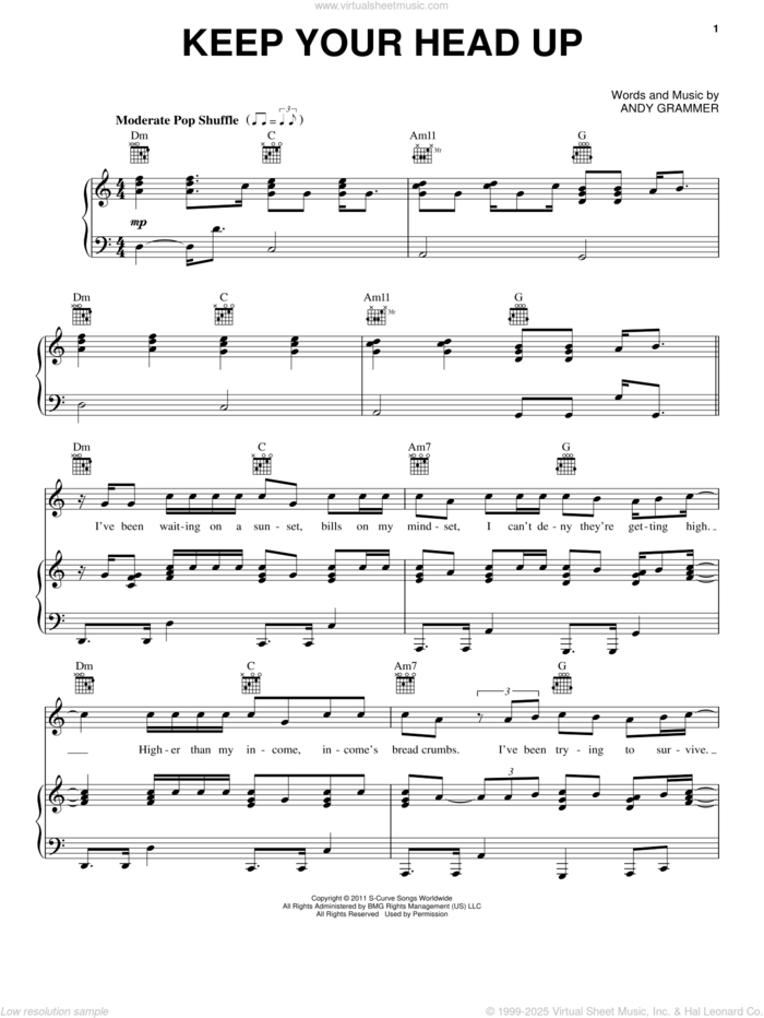 Keep Your Head Up sheet music for voice, piano or guitar by Andy Grammer, intermediate skill level