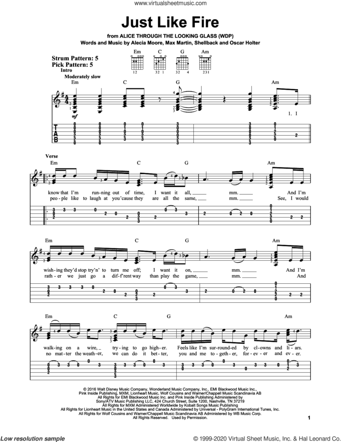 Just Like Fire sheet music for guitar solo (easy tablature) by Max Martin, Miscellaneous, Alecia Moore, Johan Schuster, Oscar Holter and Shellback, easy guitar (easy tablature)