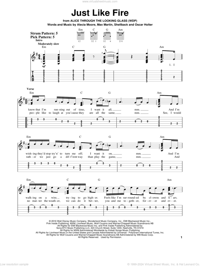 Just Like Fire sheet music for guitar solo (easy tablature) by Max Martin, Miscellaneous, P!nk, Alecia Moore, Johan Schuster, Oscar Holter and Shellback, easy guitar (easy tablature)