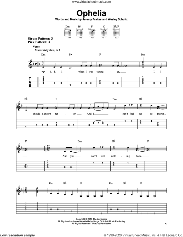Ophelia sheet music for guitar solo (easy tablature) by The Lumineers, Jeremy Fraites and Wesley Schultz, easy guitar (easy tablature)