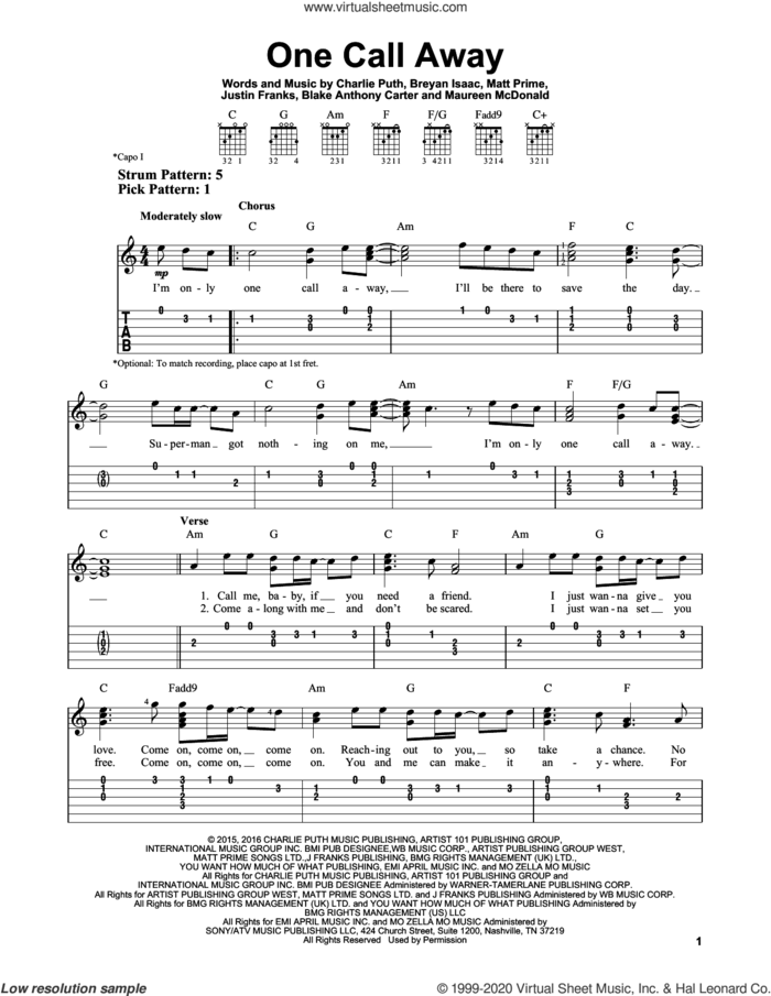 One Call Away sheet music for guitar solo (easy tablature) by Charlie Puth, Blake Anthony Carter, Breyan Isaac, Justin Franks, Matt Prime and Maureen McDonald, easy guitar (easy tablature)