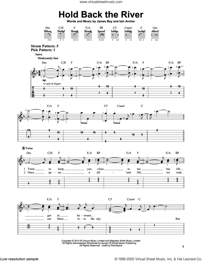Hold Back The River sheet music for guitar solo (easy tablature) by James Bay and Iain Archer, easy guitar (easy tablature)
