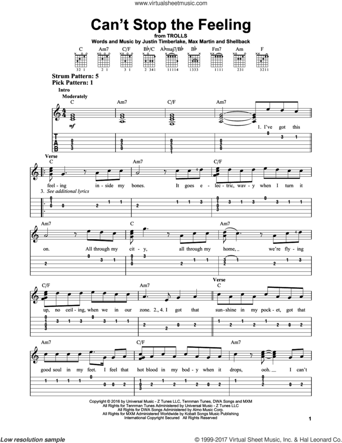 Can't Stop The Feeling sheet music for guitar solo (easy tablature) by Justin Timberlake, Johan Schuster, Max Martin and Shellback, easy guitar (easy tablature)