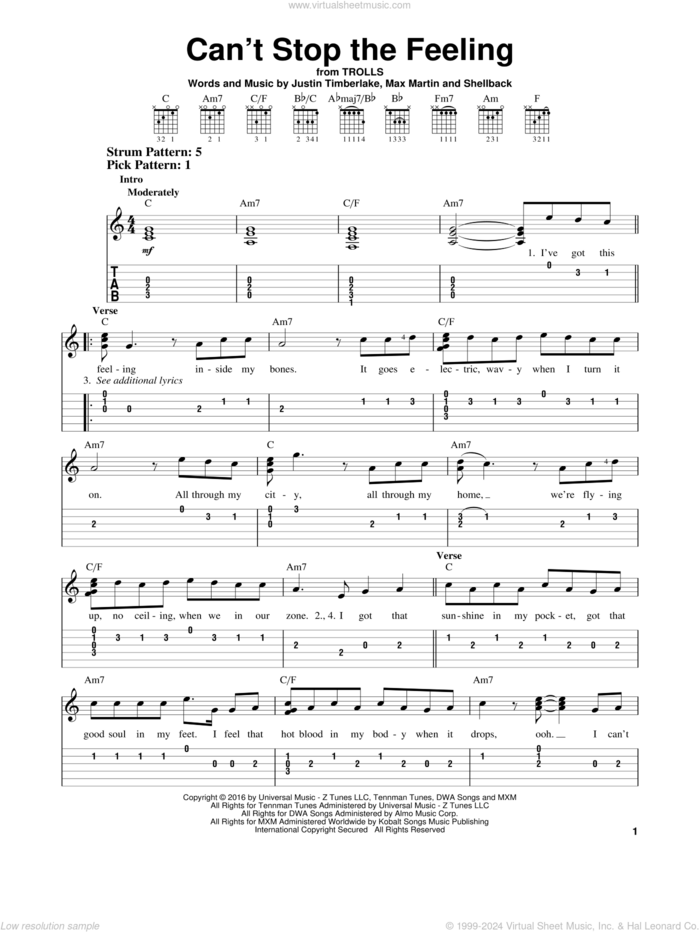 Can't Stop The Feeling sheet music for guitar solo (easy tablature) by Justin Timberlake, Johan Schuster, Max Martin and Shellback, easy guitar (easy tablature)