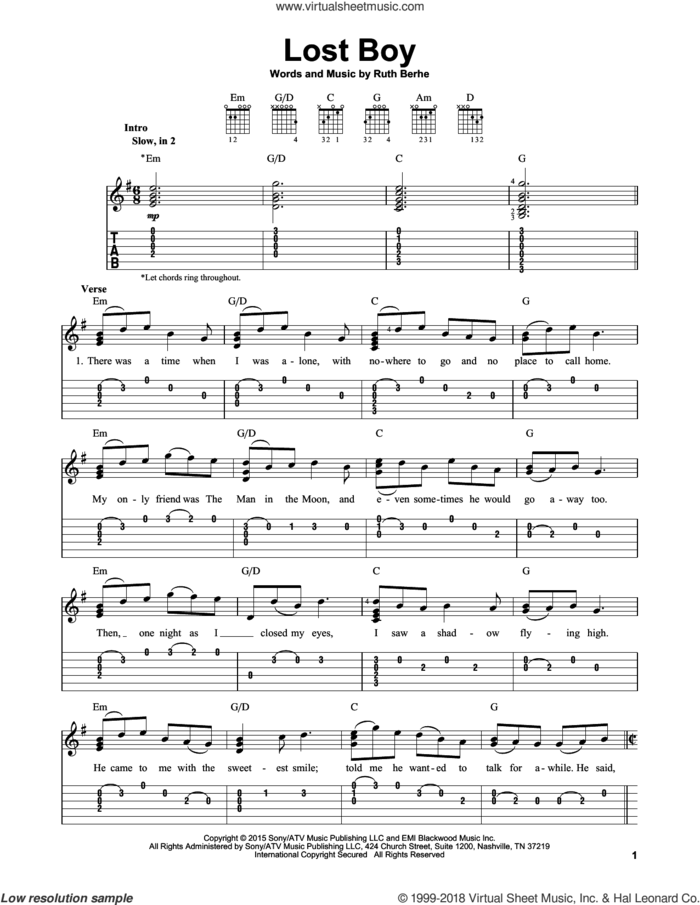 Lost Boy sheet music for guitar solo (easy tablature) by Ruth B and Ruth Berhe, easy guitar (easy tablature)