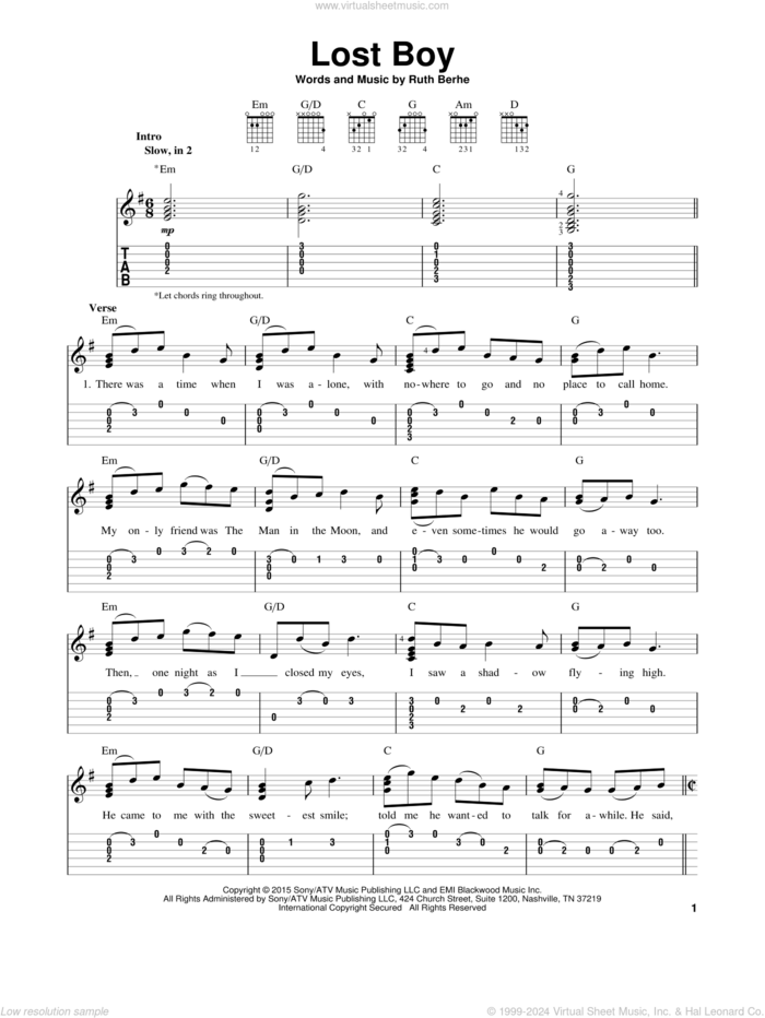 Lost Boy sheet music for guitar solo (easy tablature) by Ruth B and Ruth Berhe, easy guitar (easy tablature)